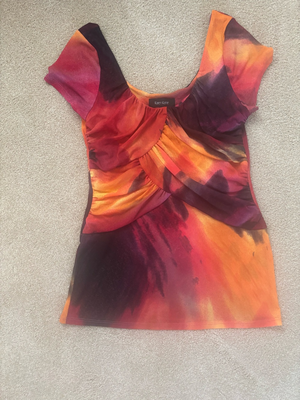 NEW. Karen Kane Multicolor Sunset Gathered-Waist Short Sleeve Top
